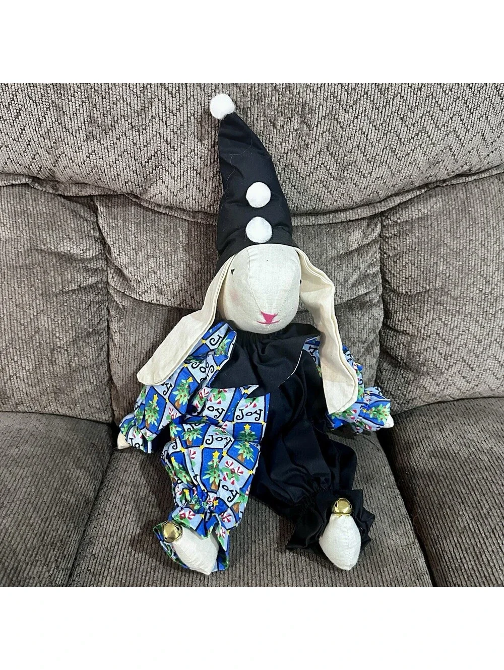 Vintage Floppy Ear Bunny Rabbit Stuffed Doll Christmas Fabric 14” - Handmade